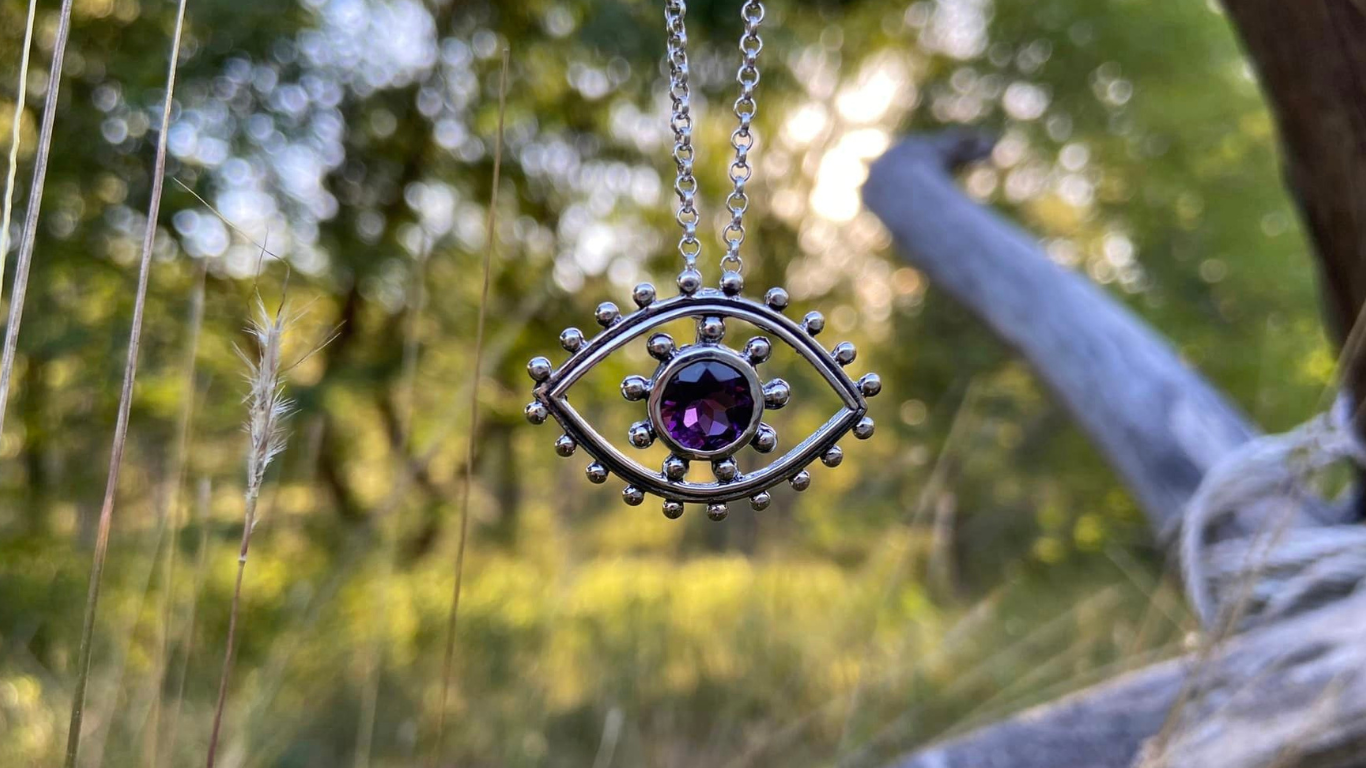 Silver Amethyst All Seeing Eye Pendent and Chain Amulet