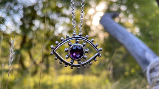 Silver Amethyst All Seeing Eye Pendent and Chain Amulet