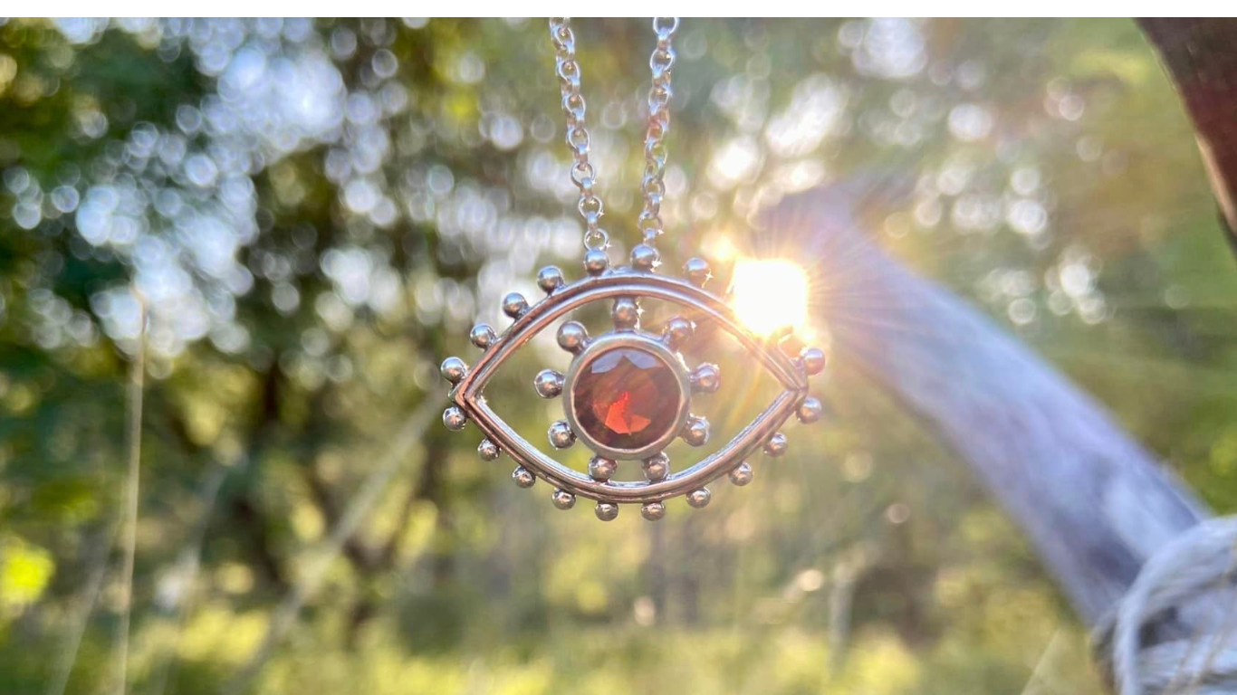 Silver All Seeing Eye Pendent and Chain Amulet Garnet
