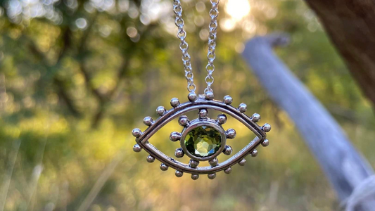 Silver All Seeing Eye Pendent and Chain Amulet Peridot