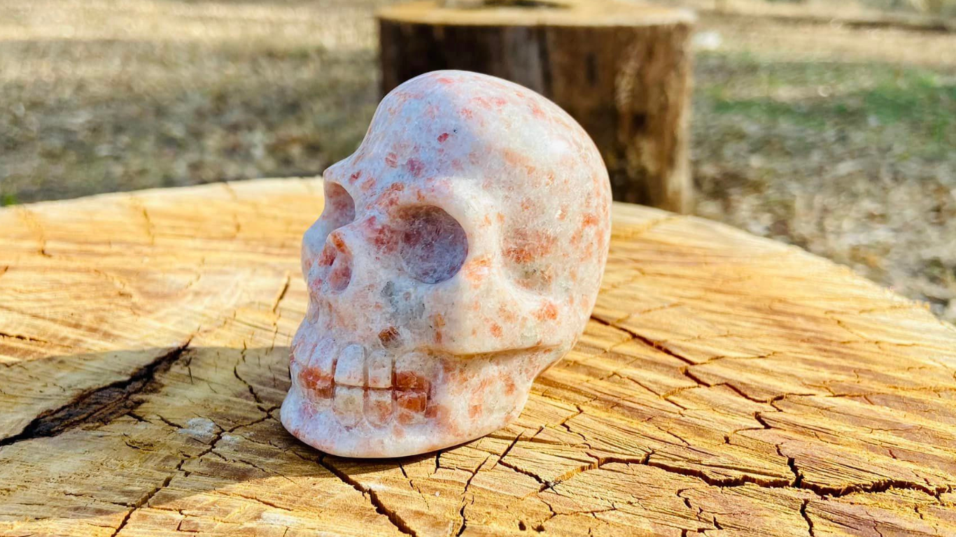 Sunstone Skull with specs of Tourmaline