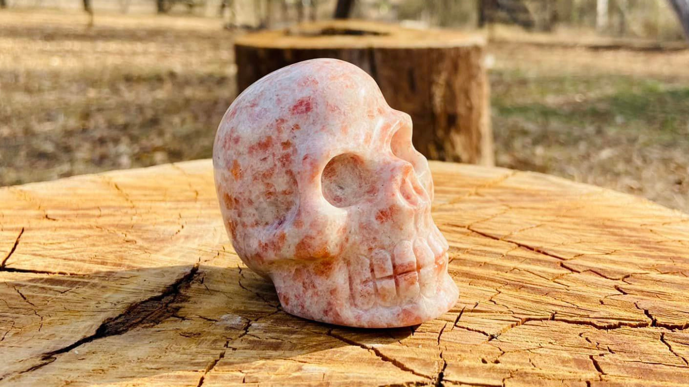 Sunstone Skull with specs of Tourmaline