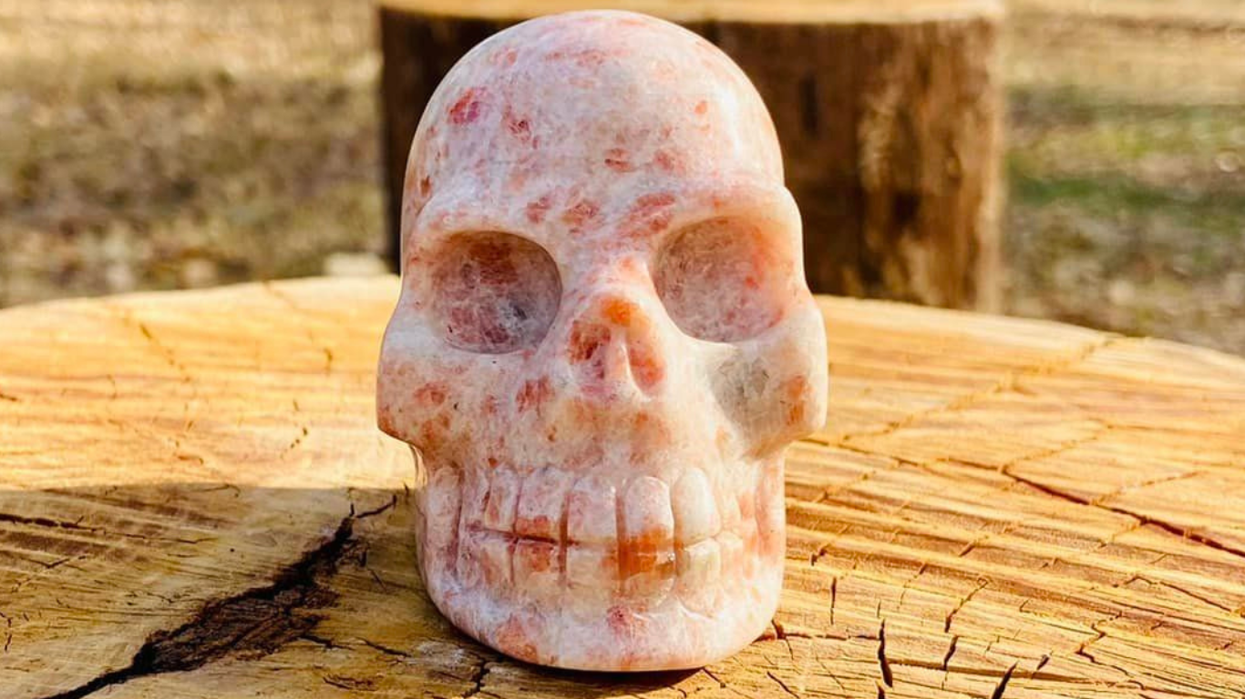 Sunstone Skull with specs of Tourmaline